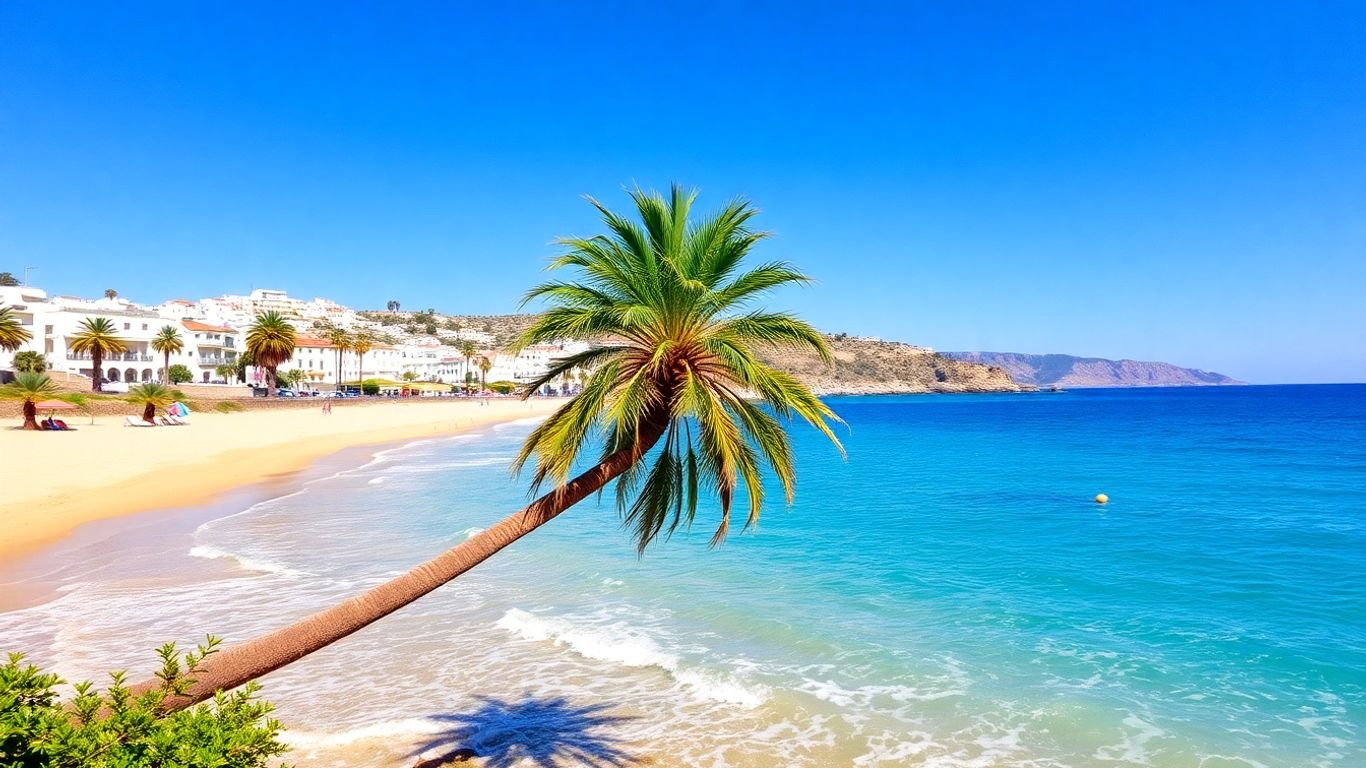 Sunny beach with clear blue water and palm trees.