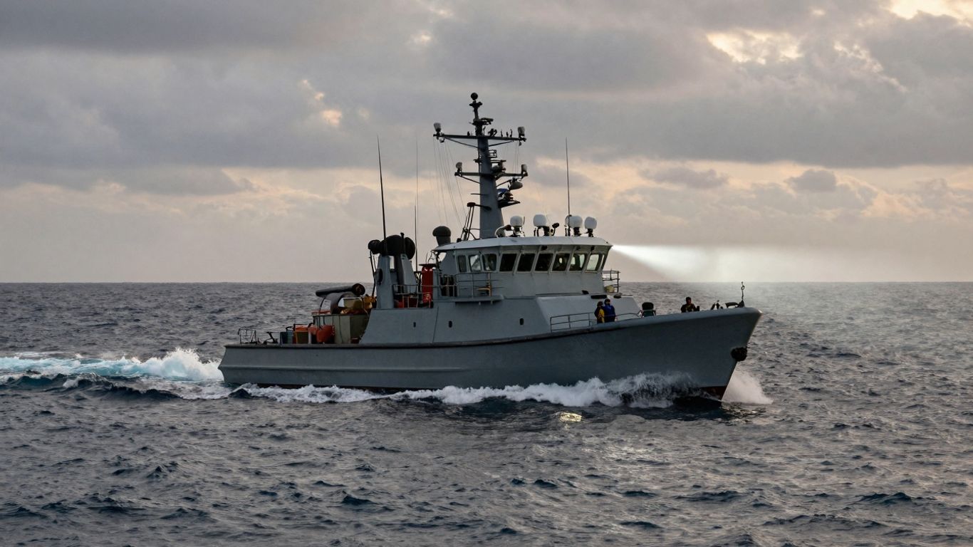 Patrol boat on rough seas, searchlight active.