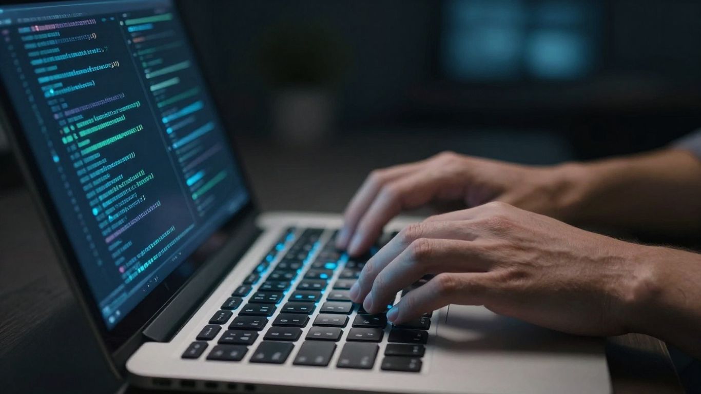 Hands typing on a laptop with glowing code.