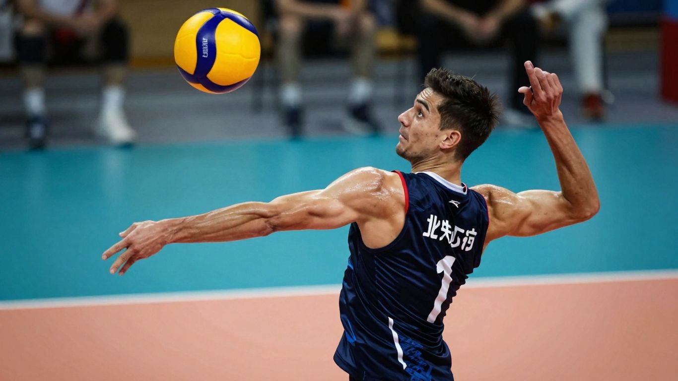 Jucător de volei în acțiune, pregătit pentru atac.