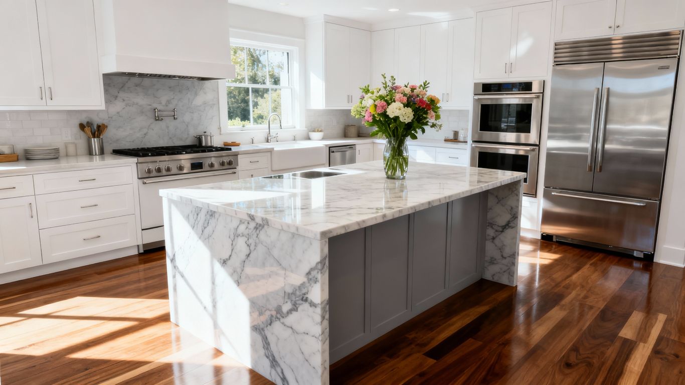 Modern kitchen remodel with white cabinets and island.