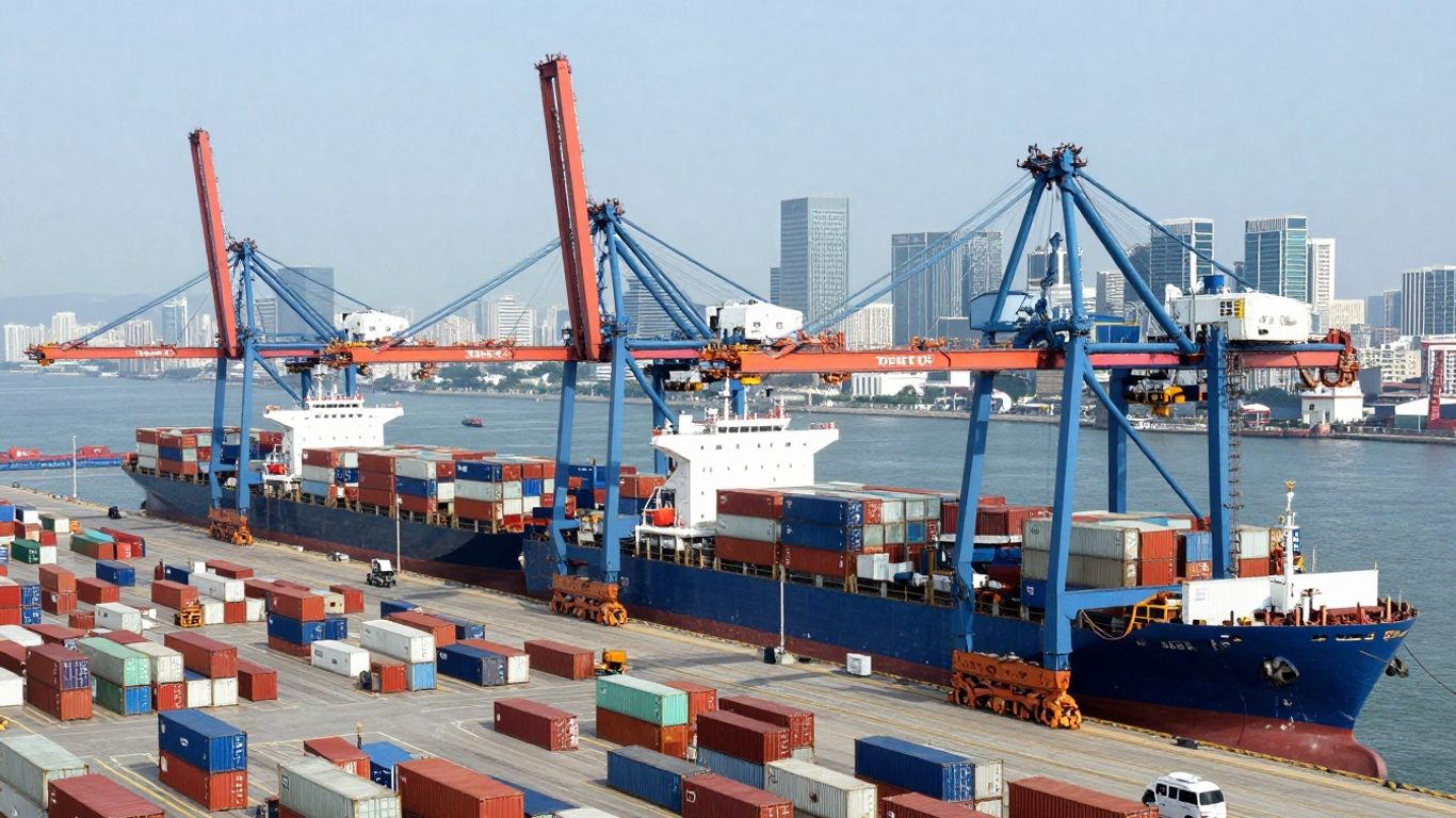 Port maritim cu nave și containere.