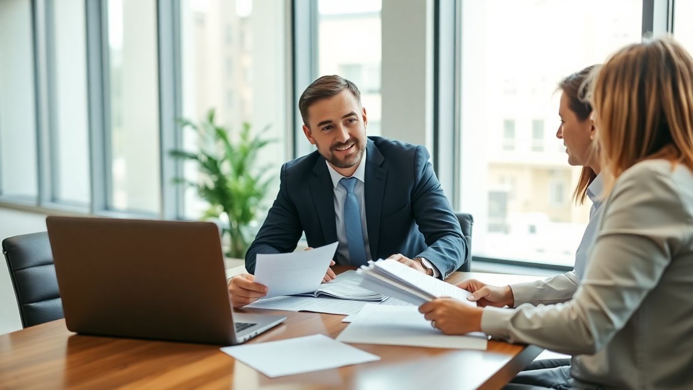 Mortgage broker meeting with clients in modern office