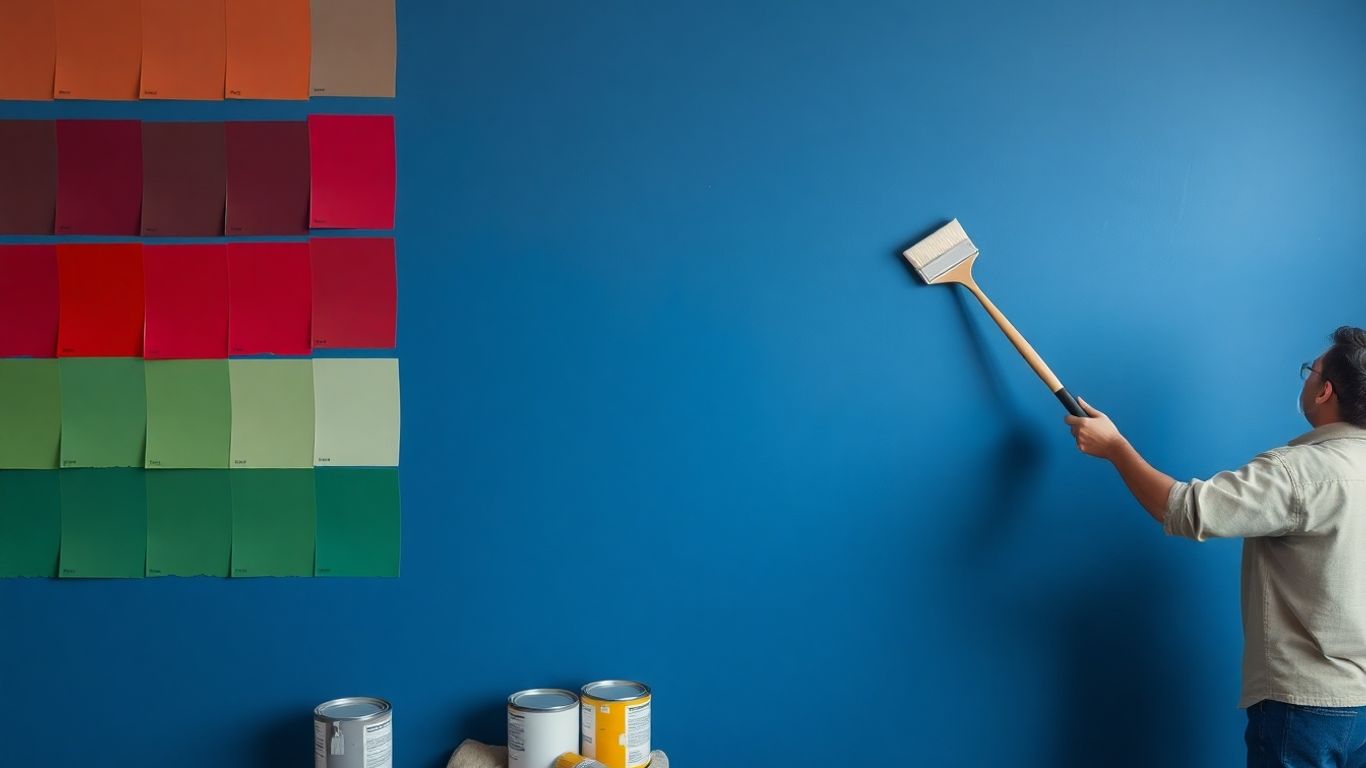 Painter applying blue paint, color swatches, paint cans, brushes.