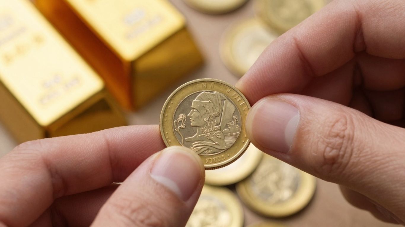 一隻金手握著一枚金幣，象徵貴金屬。