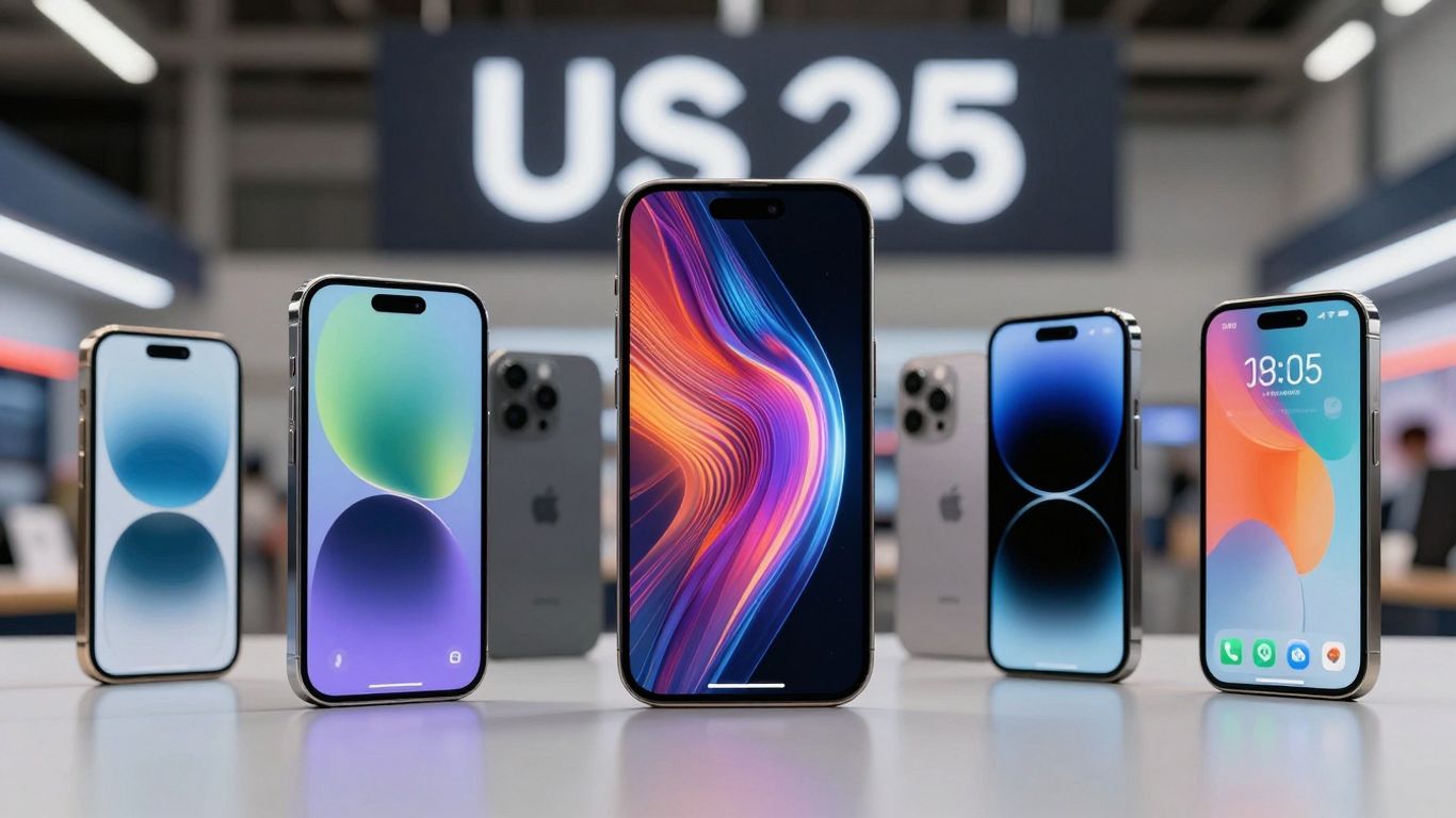 Futuristic smartphones displaying digital patterns in a US market context.