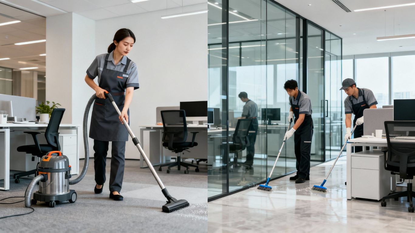 Upratovačka a upratovacia firma v kancelárii.