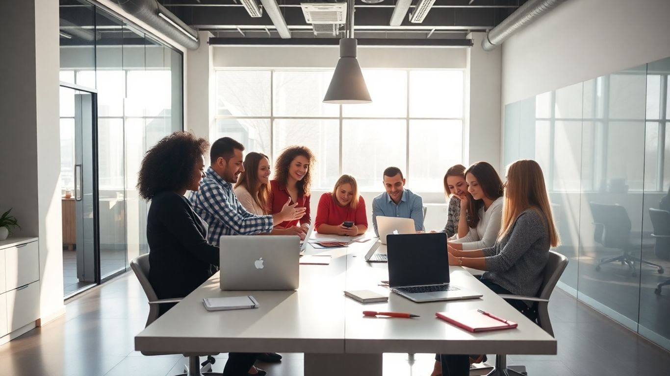 Startup team working together in a bright office.