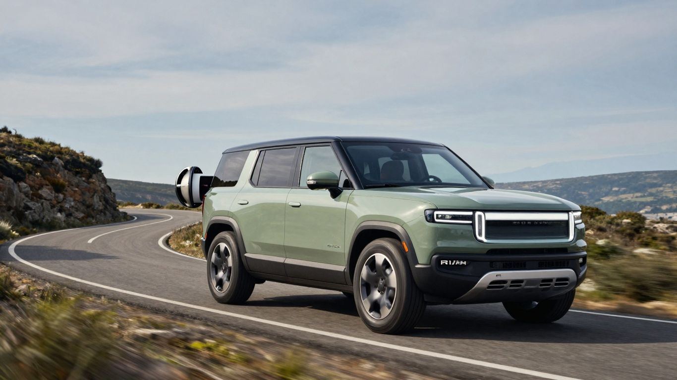 Rivian electric SUV on a road, advanced sensors visible.