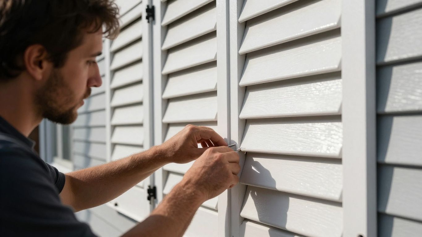 Craftsman installing white plantation shutter on Mooresville home.