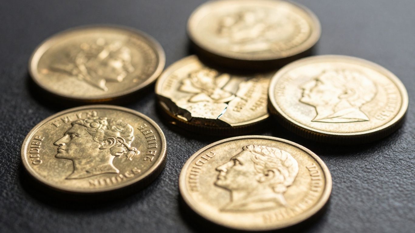 Fractional gold coins on a dark surface.