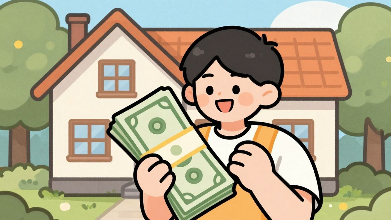 Person holding money with house in background