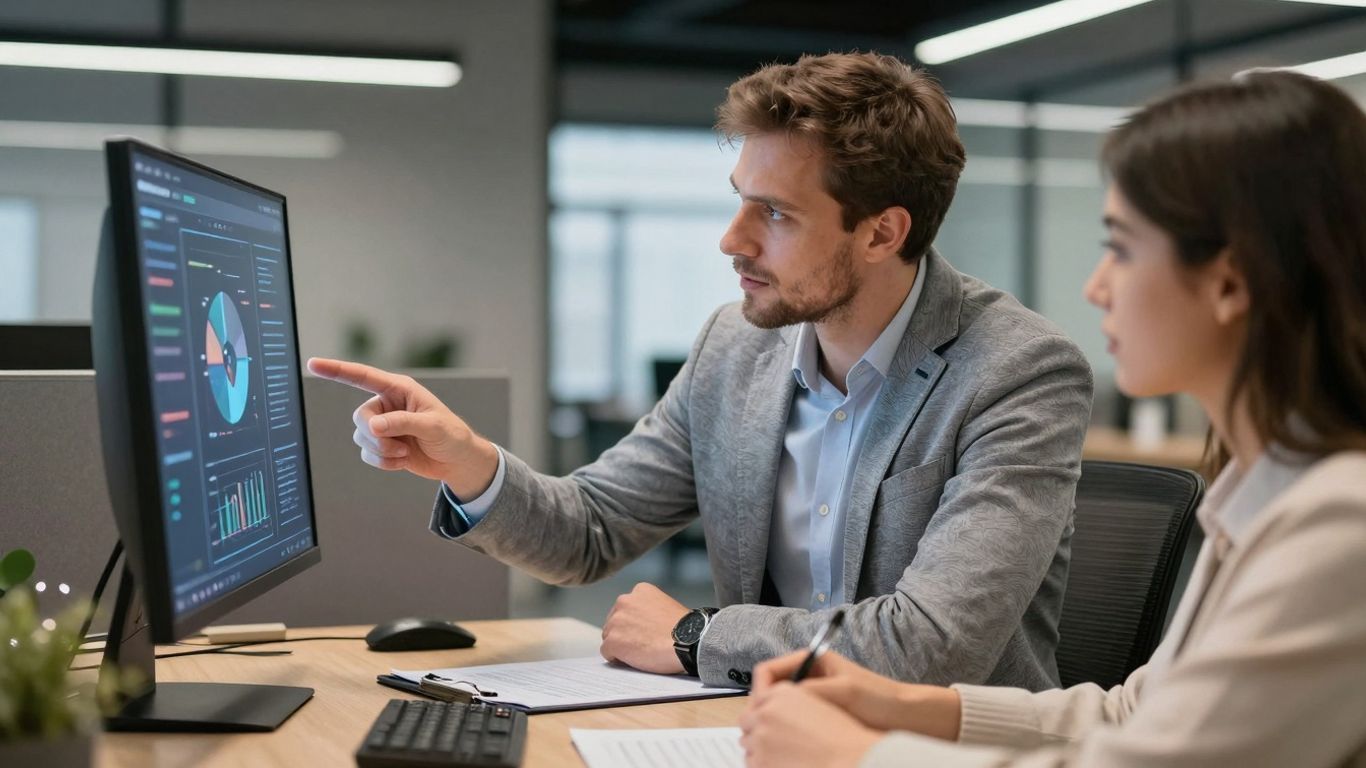 Coach SEO guidant un client dans un bureau moderne.