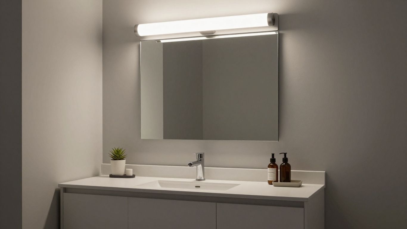 Modern bathroom vanity with above mirror light fixture.