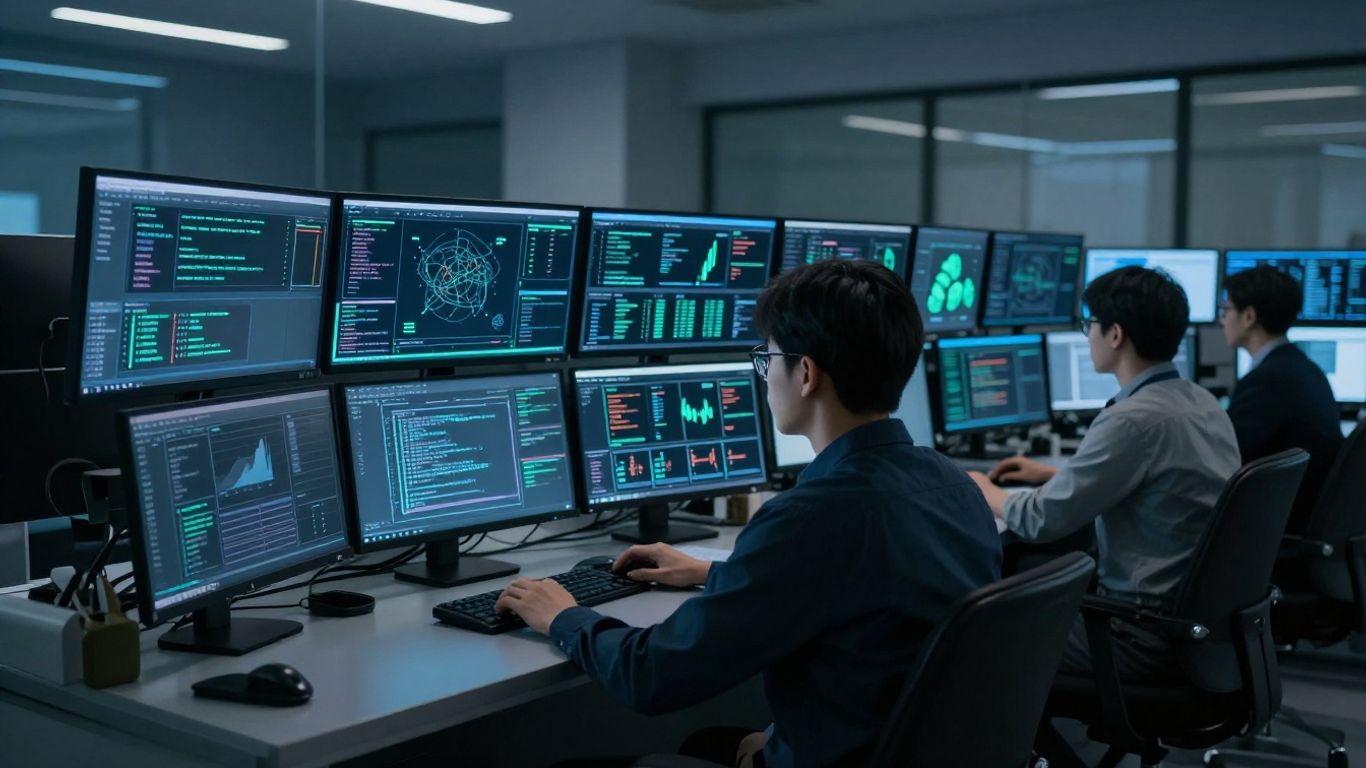 Security Operations Center with analysts and glowing monitors.