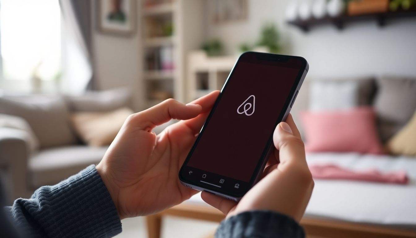 Smartphone displaying Airbnb app for managing rental income.
