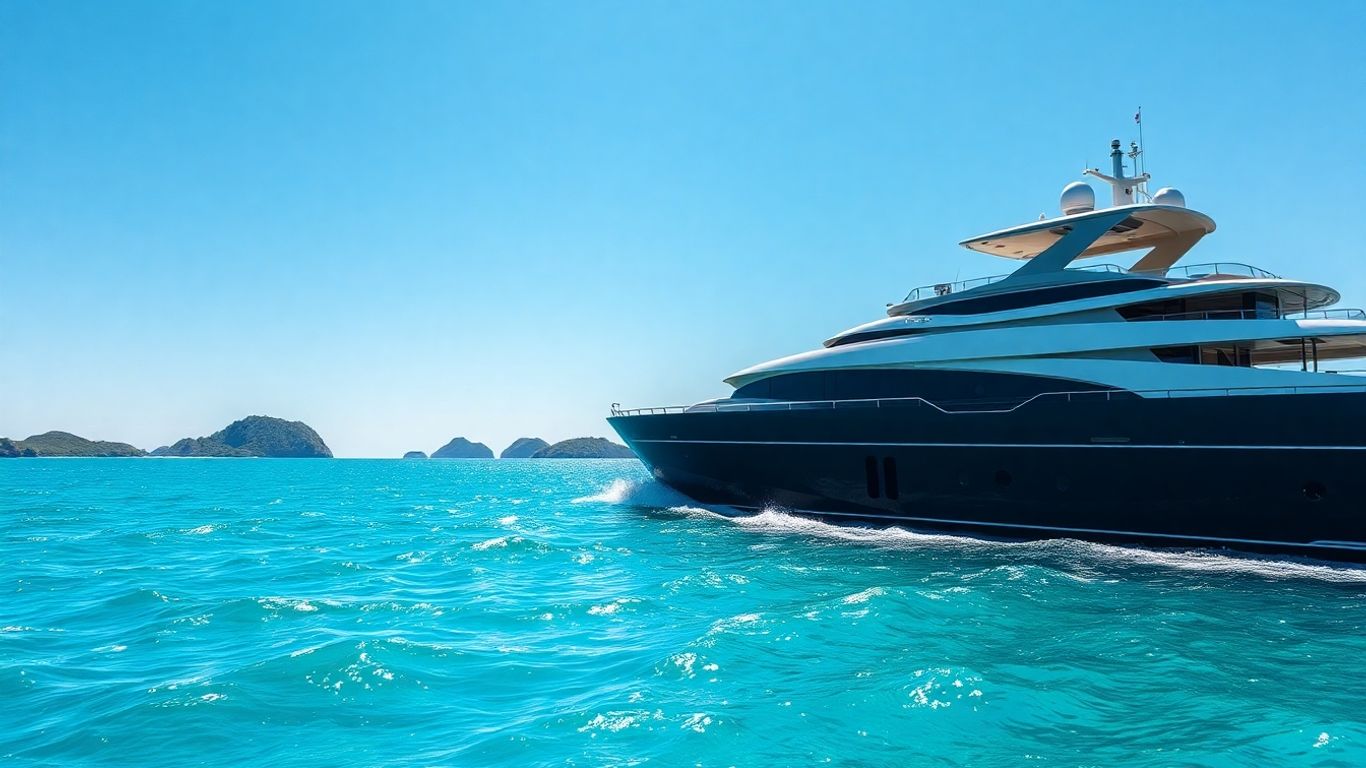 Luxury yacht sailing in clear turquoise Bahamian waters.