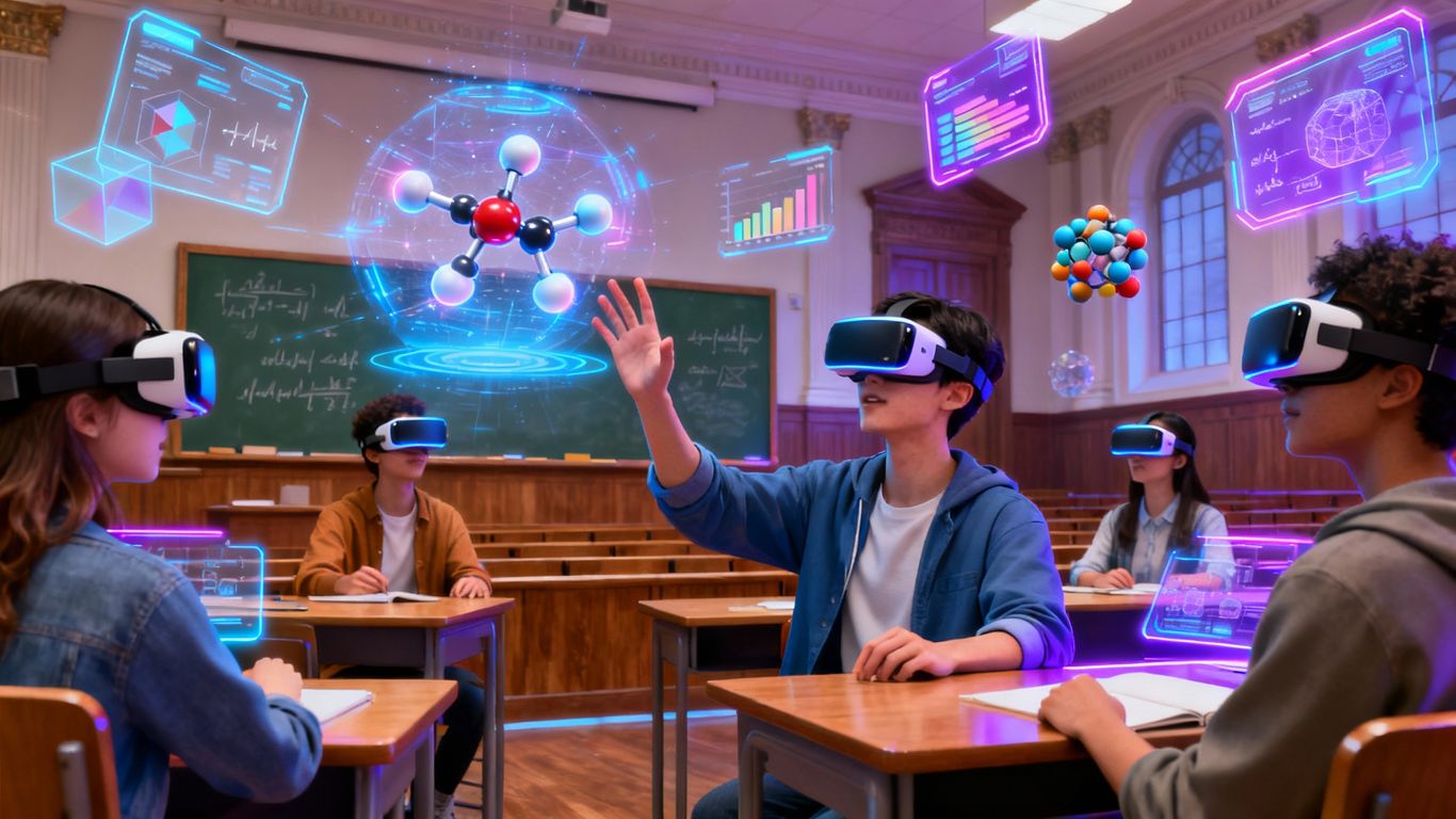 Students using VR headsets in a virtual lecture hall.