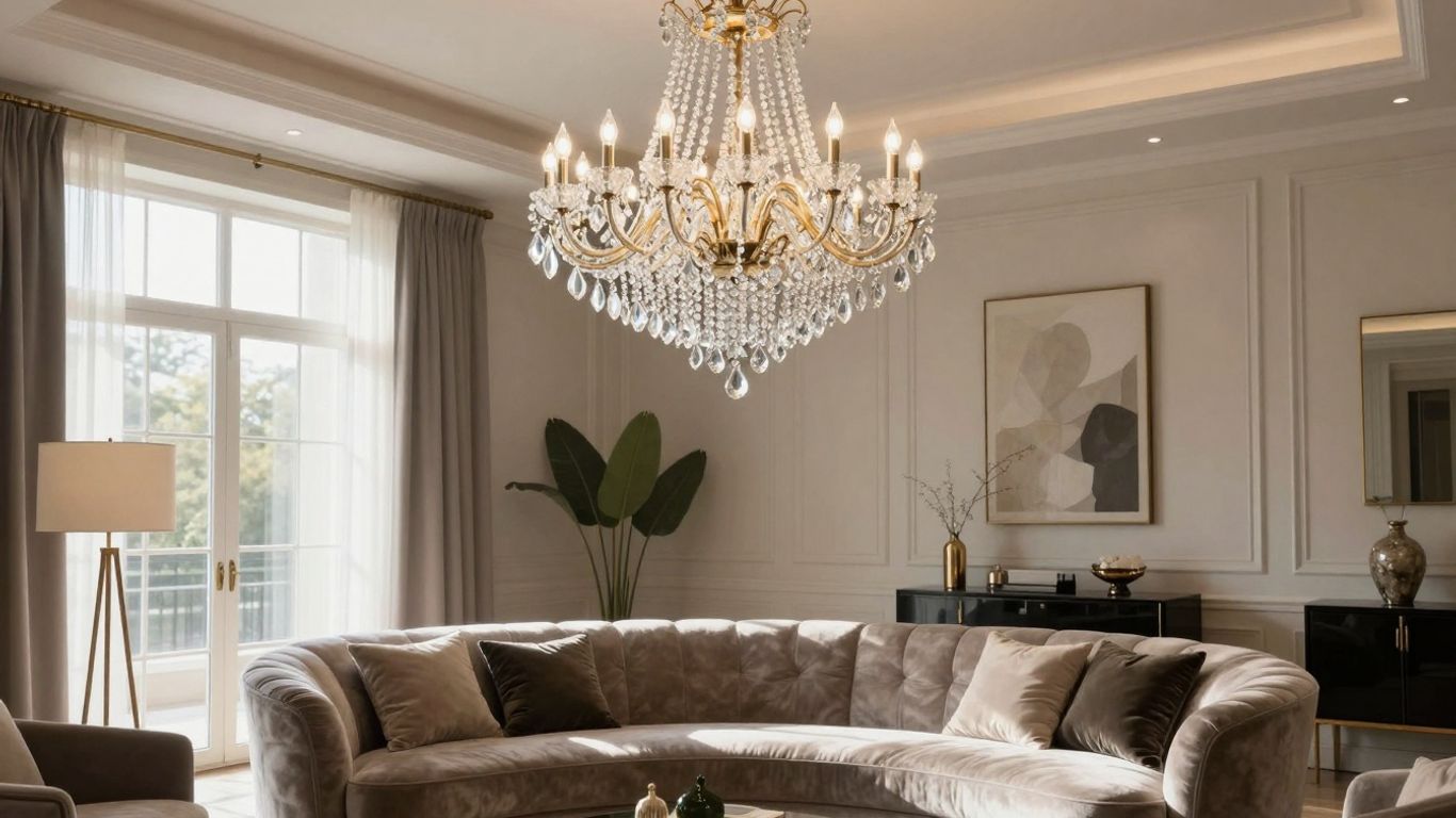 Elegant living room with a sparkling crystal chandelier.