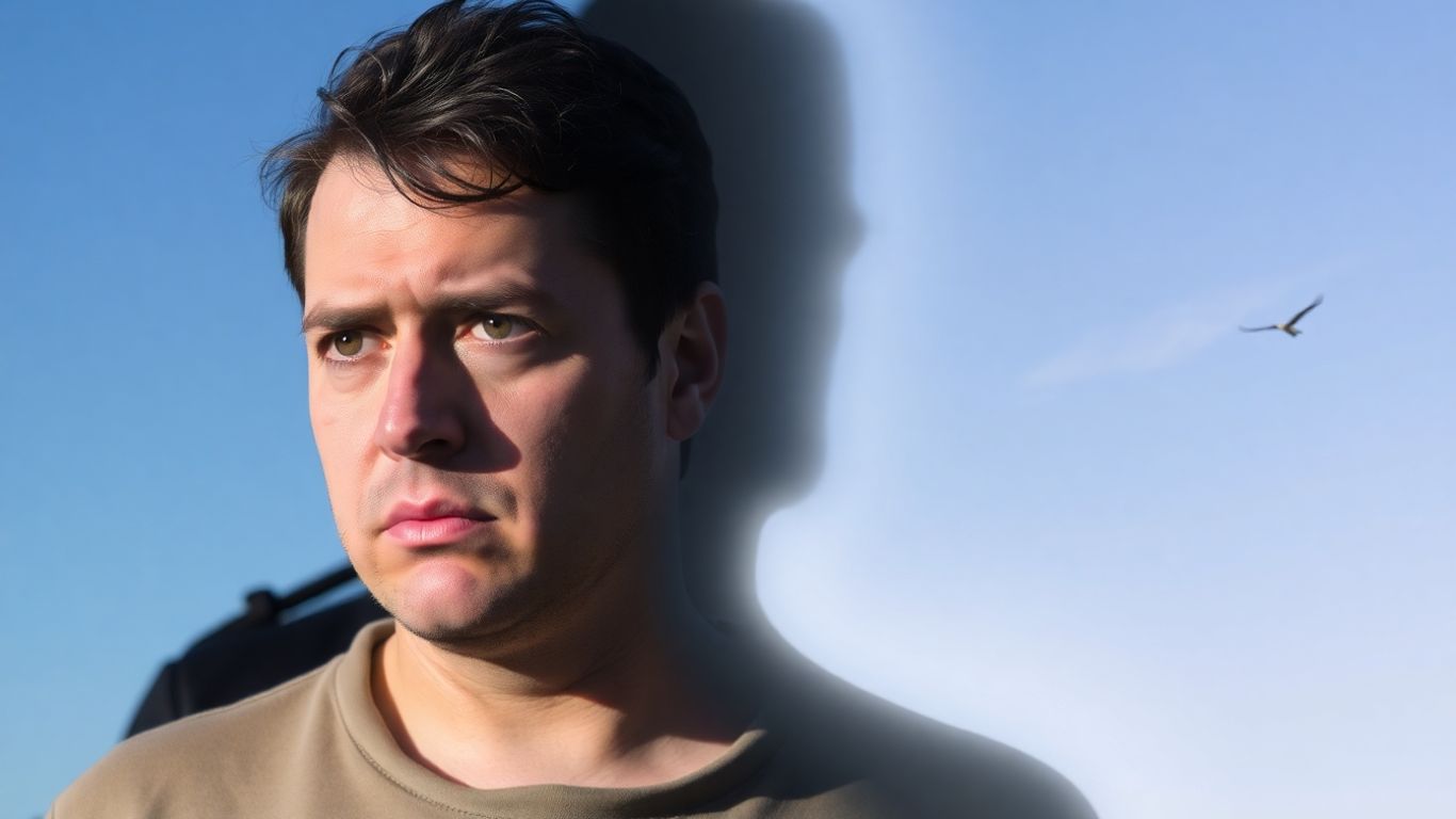 Split image: concerned person and looming shadow vs. clear sky and bird.