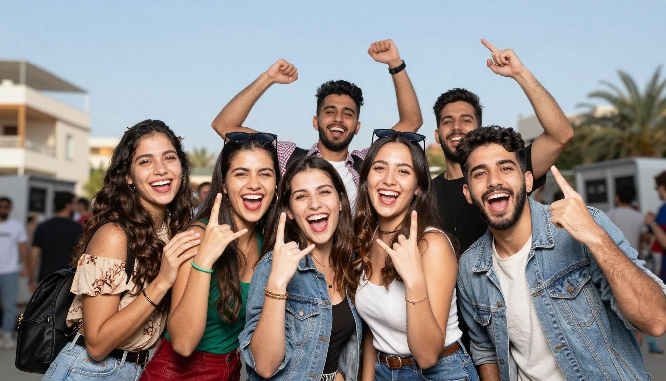 People posing happily in front of a photobooth.