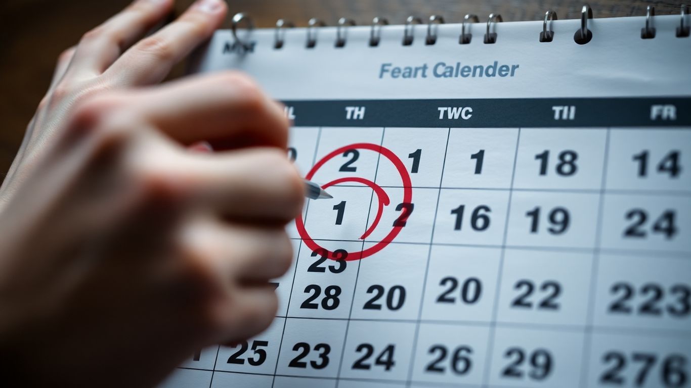 Calendar with a circled date and hands making a decision.