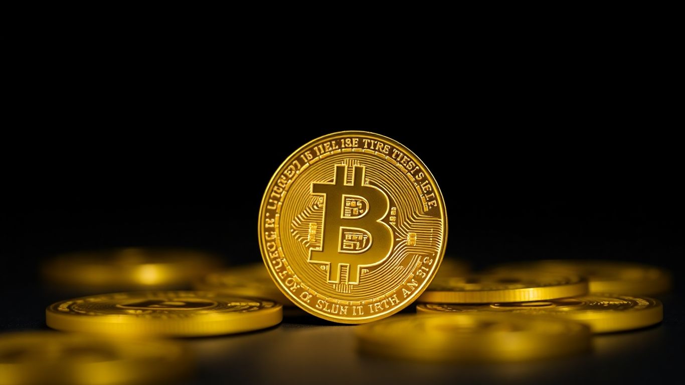 Golden Bitcoin coin against a dark background.