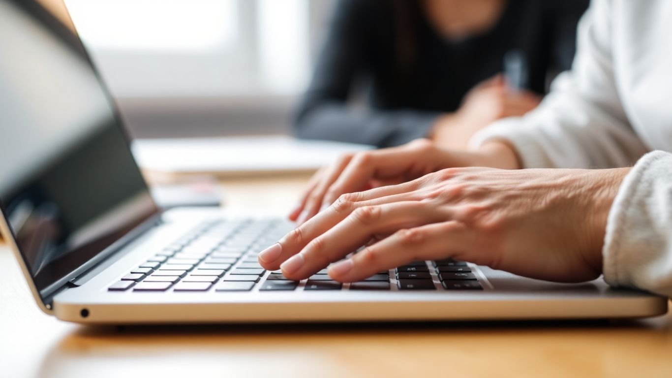 Person typing on a laptop keyboard.
