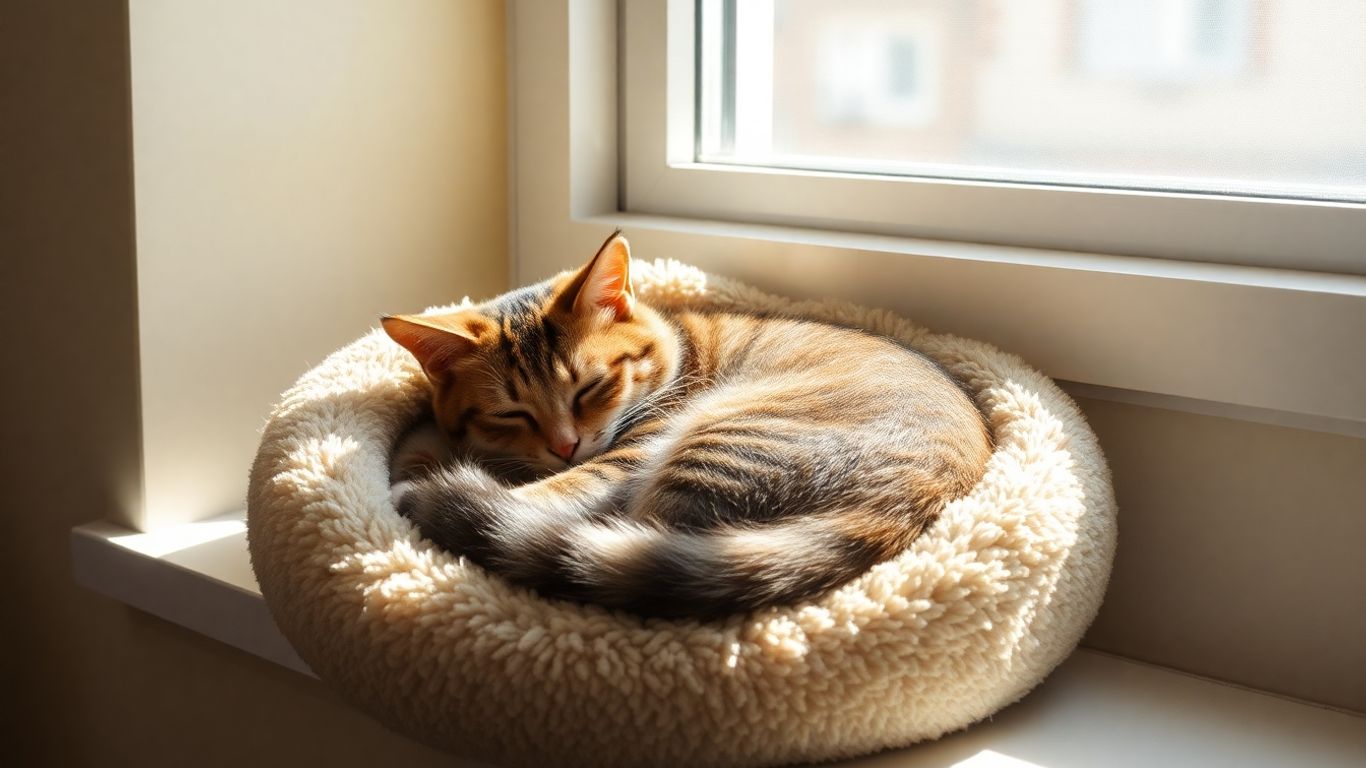 Cat sleeping peacefully in a sunlit, comfortable bed.