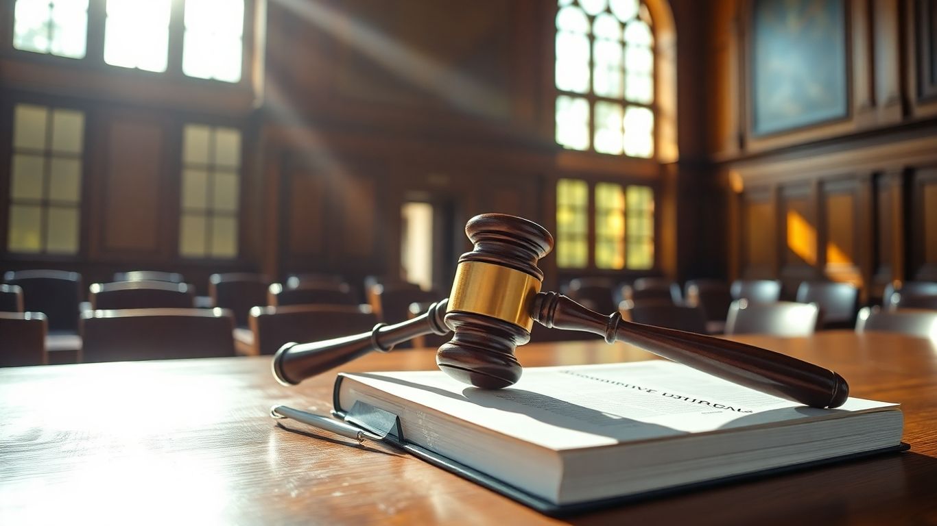 Jamaican courthouse interior with gavel and legal book.