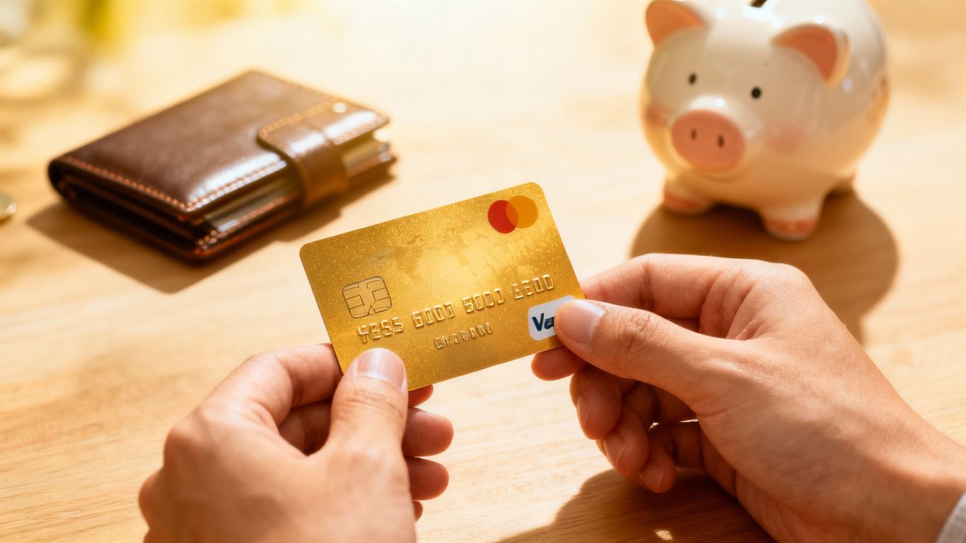 Person holding a new credit card, building credit.