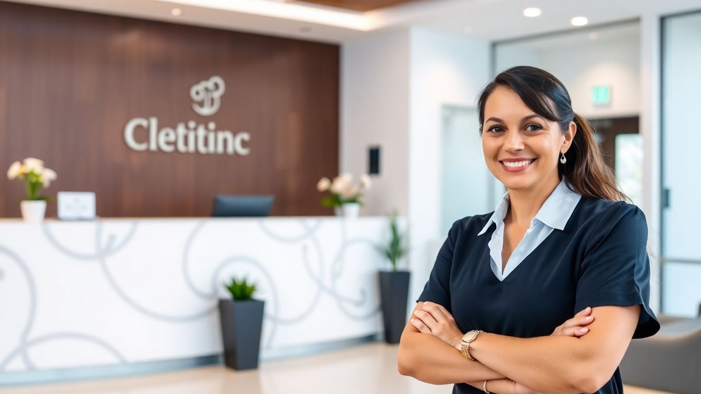 Clinic reception with a welcoming receptionist.