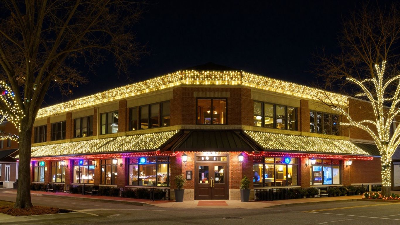 Festive commercial building illuminated with Christmas lights in O'Fallon.