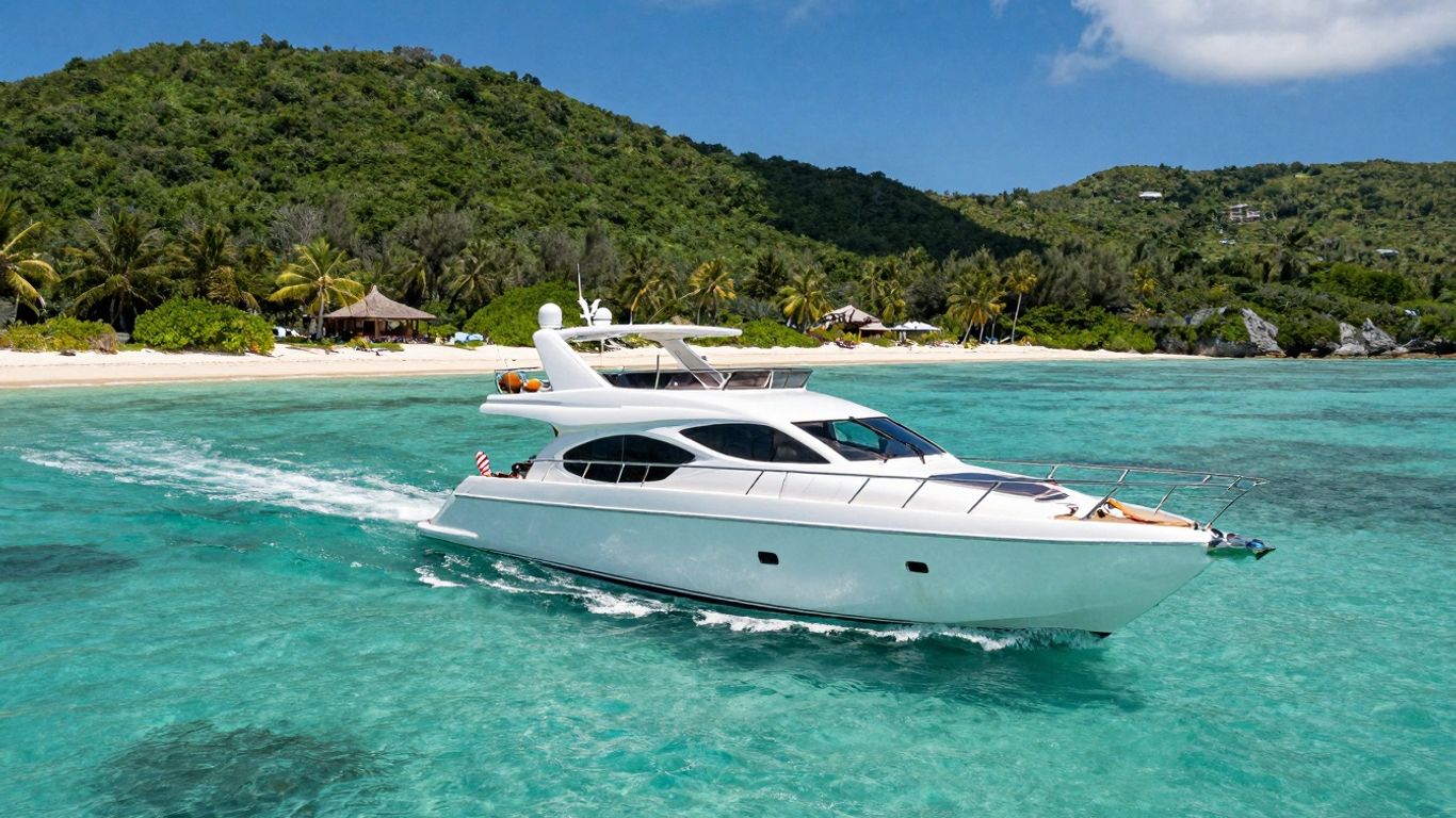 Luxury yacht sailing in clear Caribbean waters near islands.
