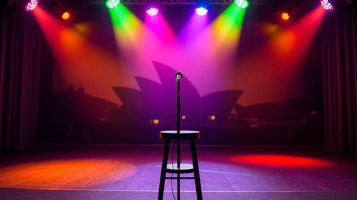 Mic stand and stool on colourful comedy stage