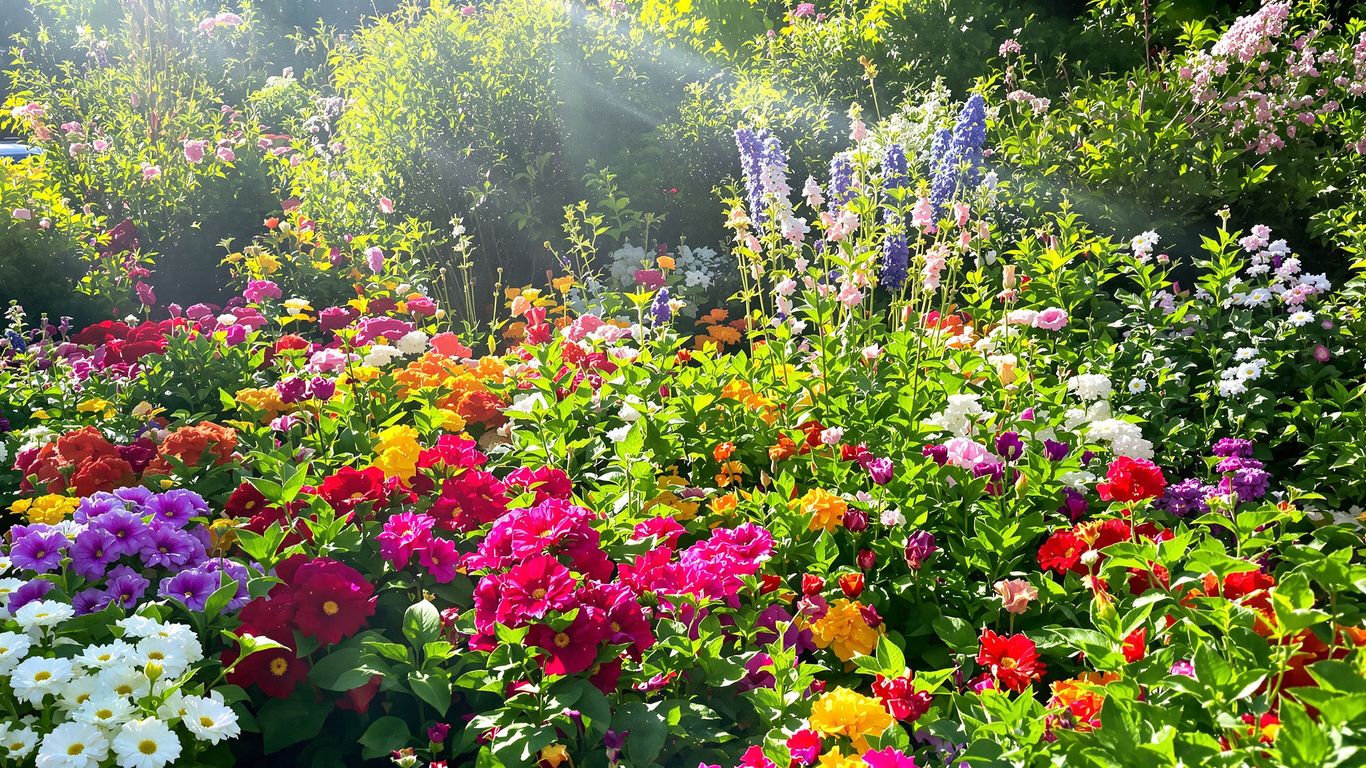 Vibrant garden with colorful flowers and lush green plants.