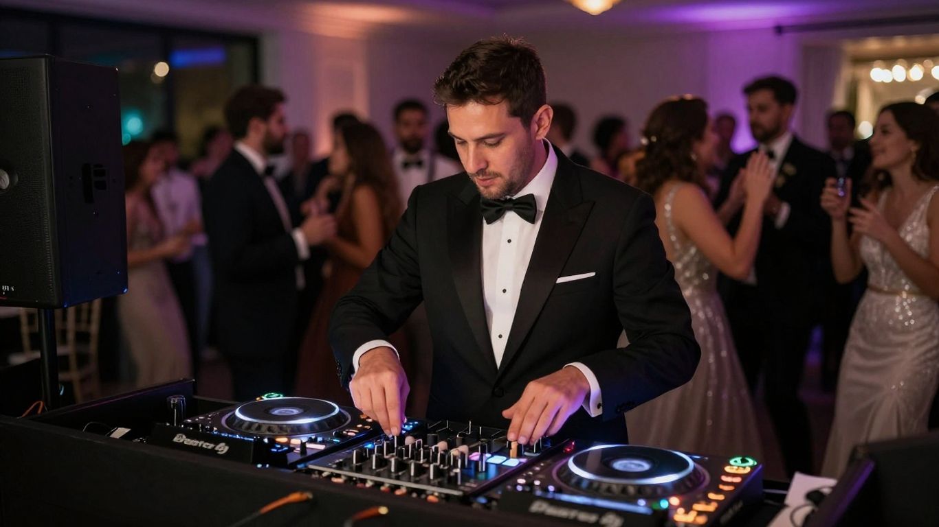 Wedding DJ performing at a reception with dancing guests.
