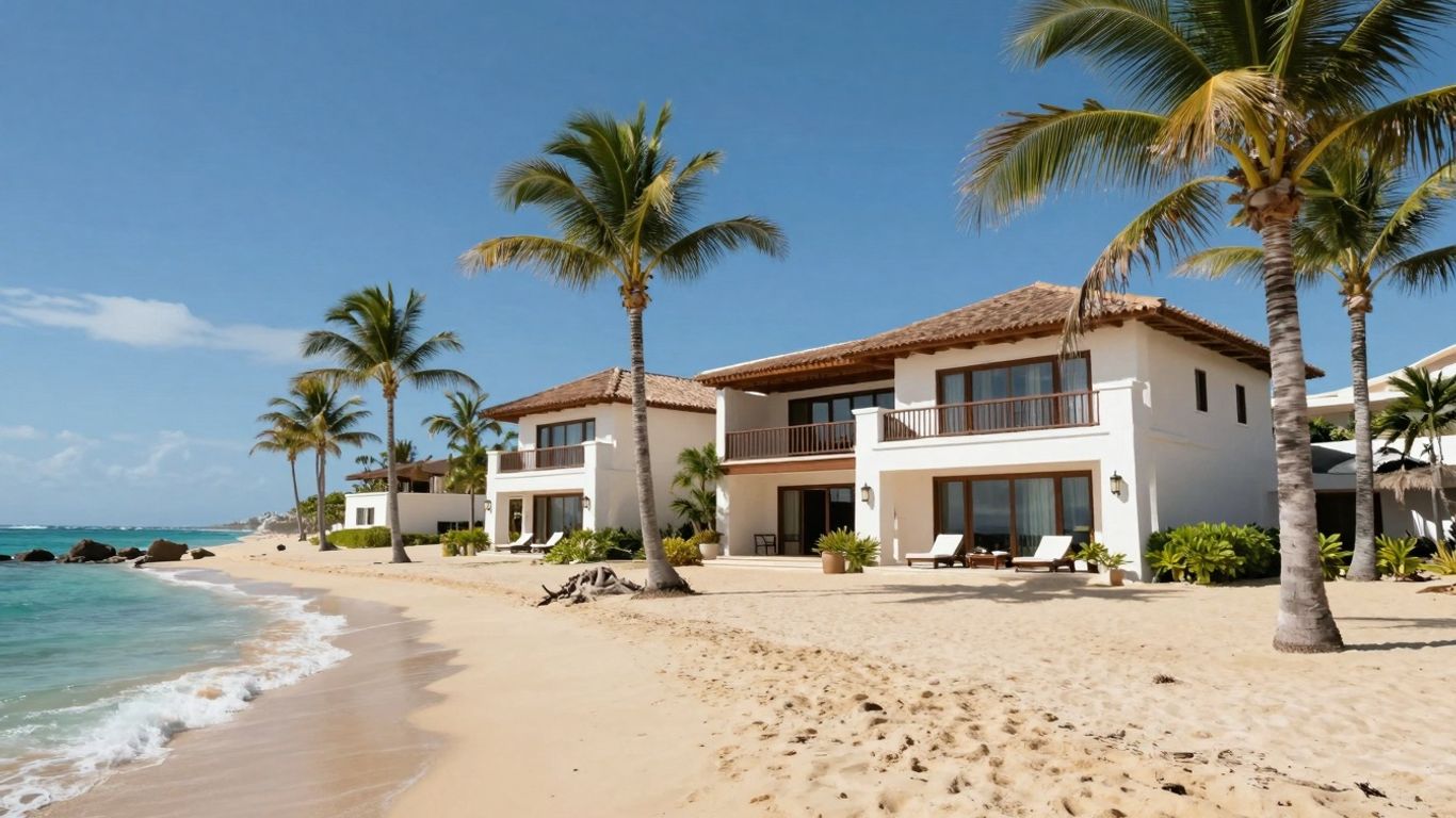 Cabo beachfront villa with ocean and palm trees.
