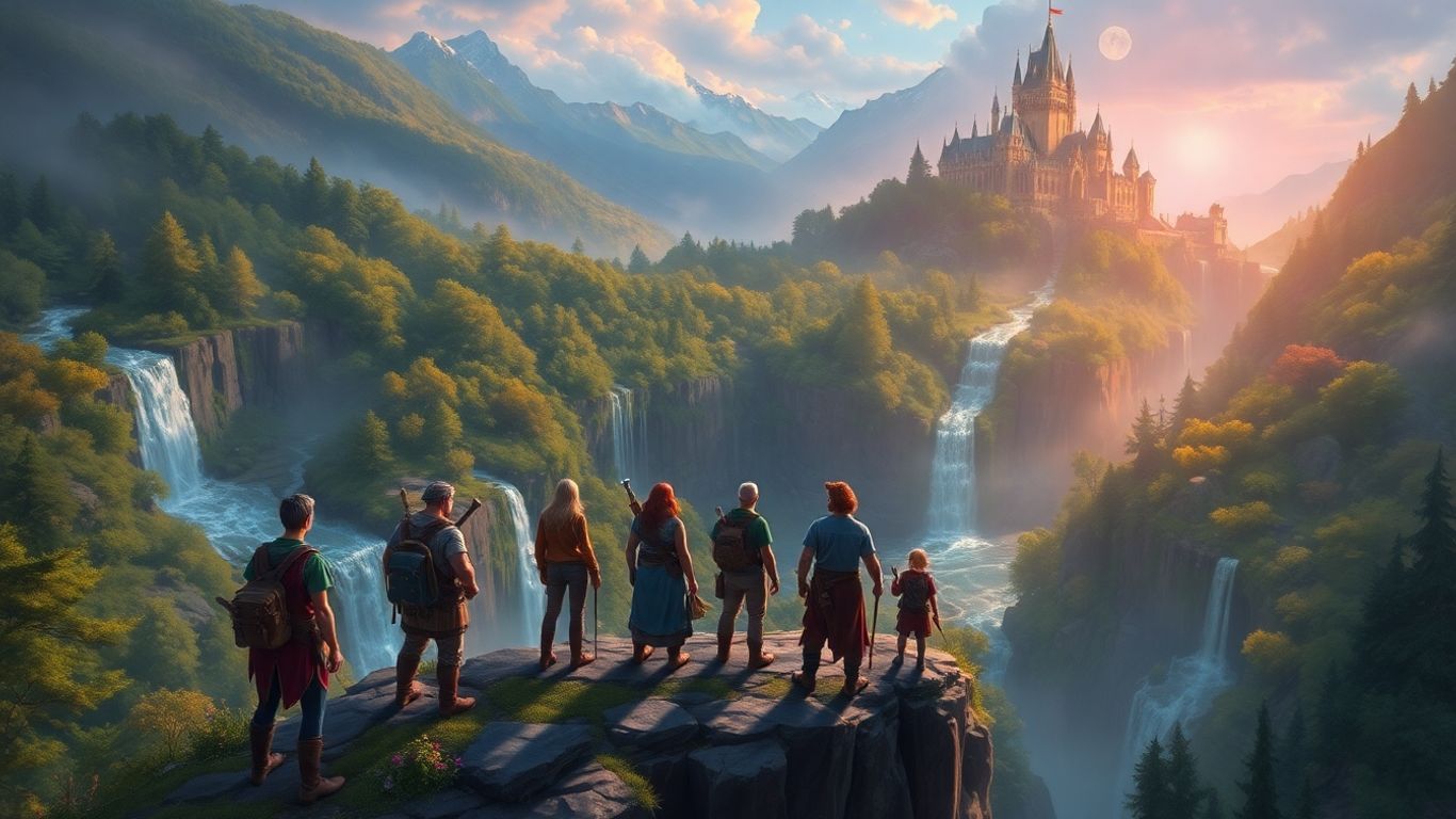 Fantasy adventurers overlooking a castle in a vibrant landscape.