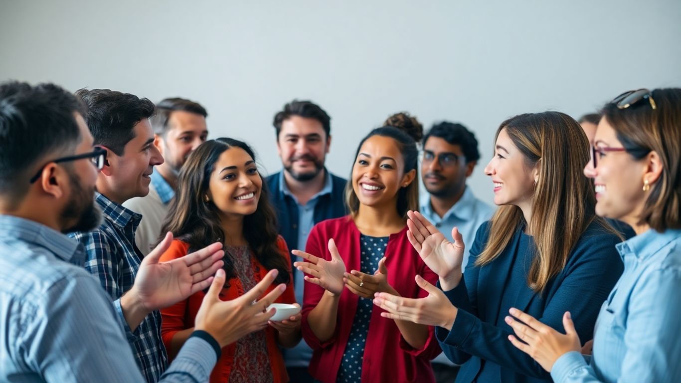 Oameni discutând constructiv în aer liber.
