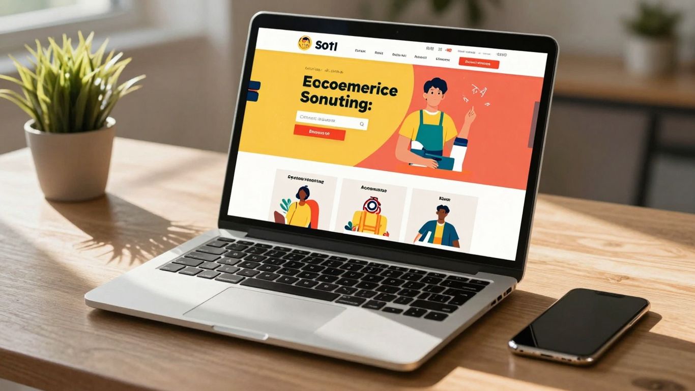 E-commerce store on laptop, sunlight, success.