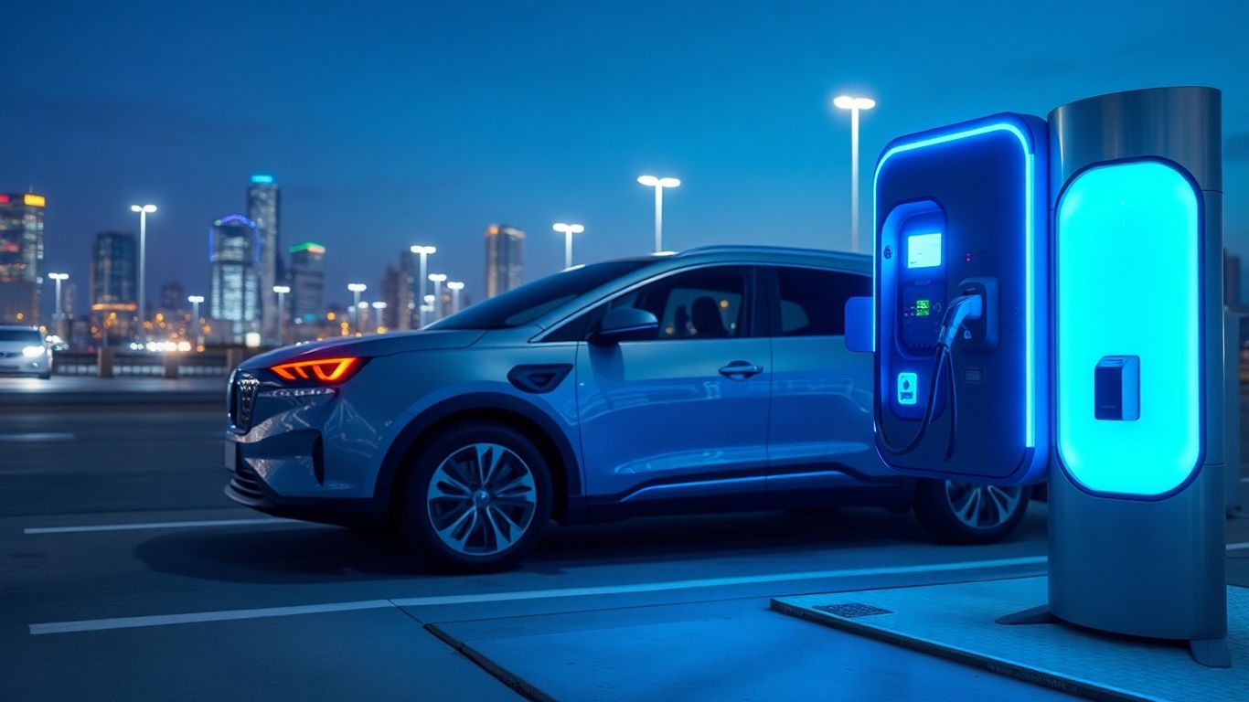 Futuristic EV charging station with glowing blue connectors and illuminated battery.