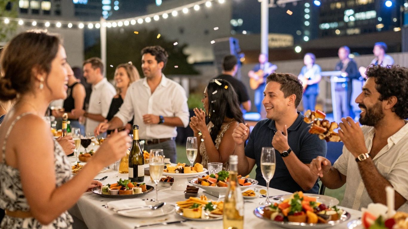 Dallas end-of-year celebration with city lights and party.