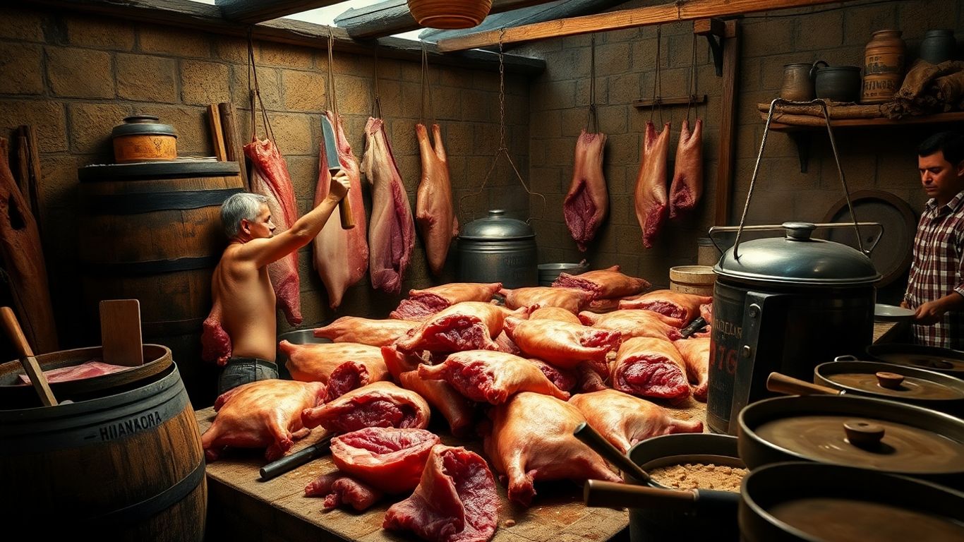 Matança do porco tradicional portuguesa com carne fresca.