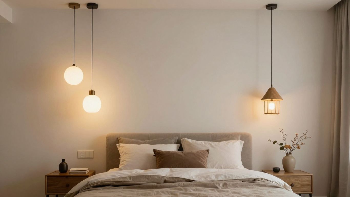 Bedroom with stylish hanging pendant lights.
