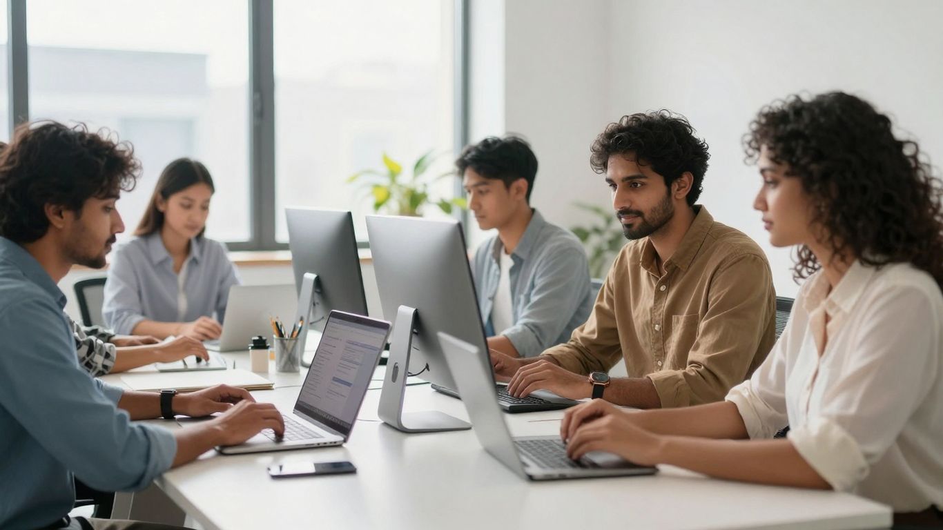Team collaborating in a modern, efficient IT office.