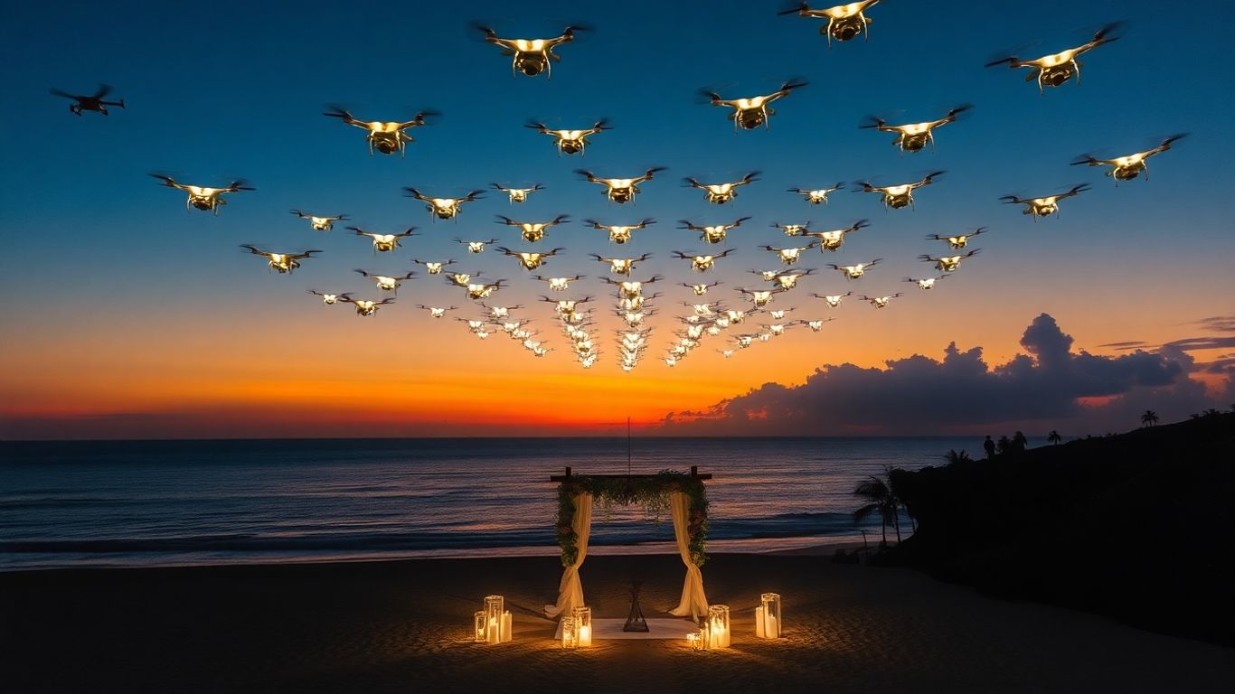 Wedding drone show over Bali beach at sunset.