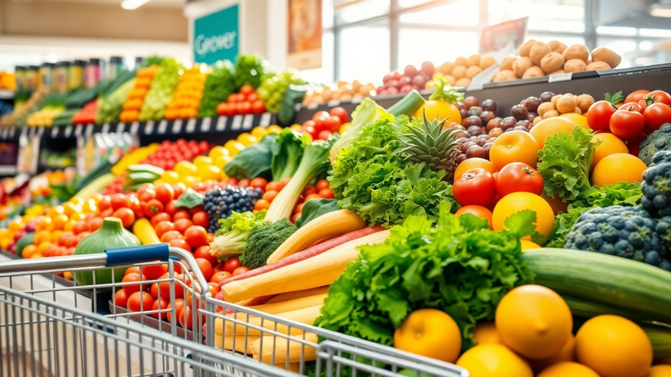 Allée d'un magasin Delhaize avec des produits frais.