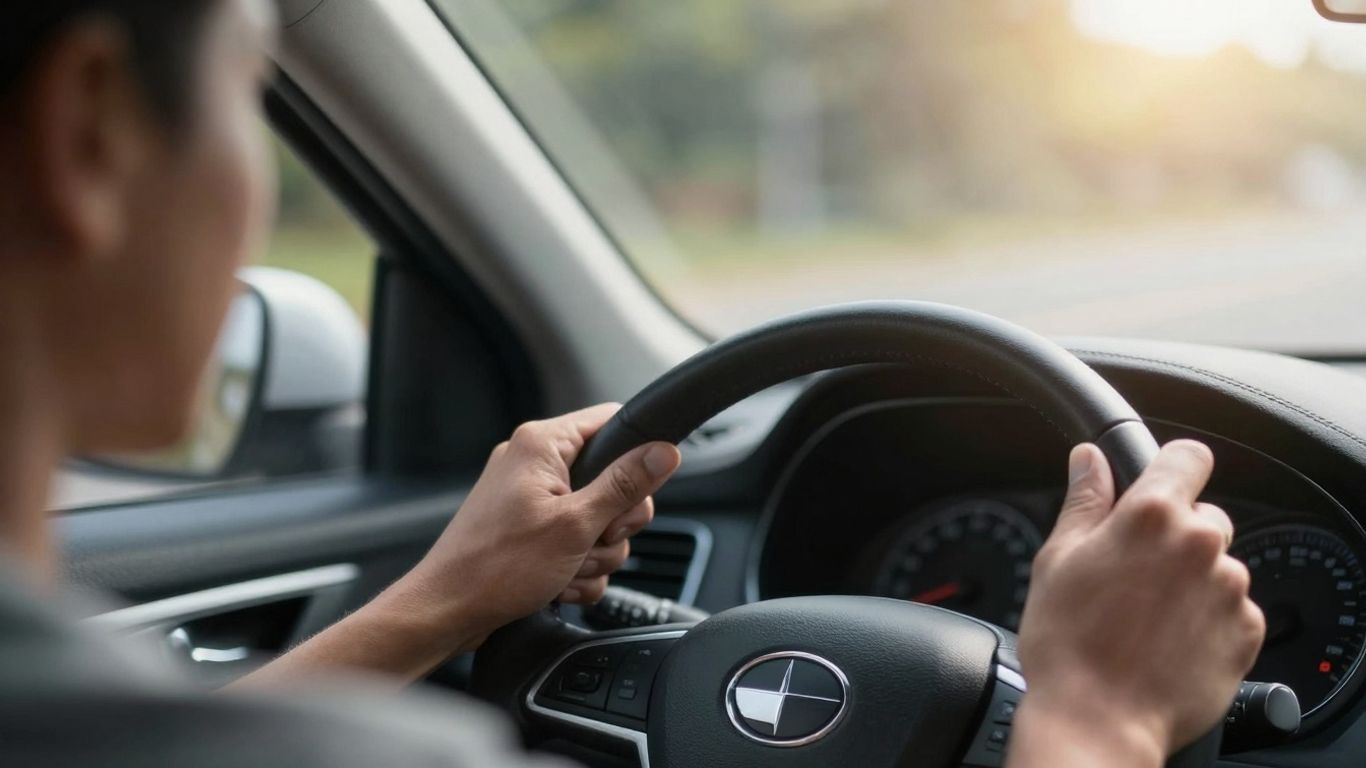 Car interior with steering wheel and dashboard.
