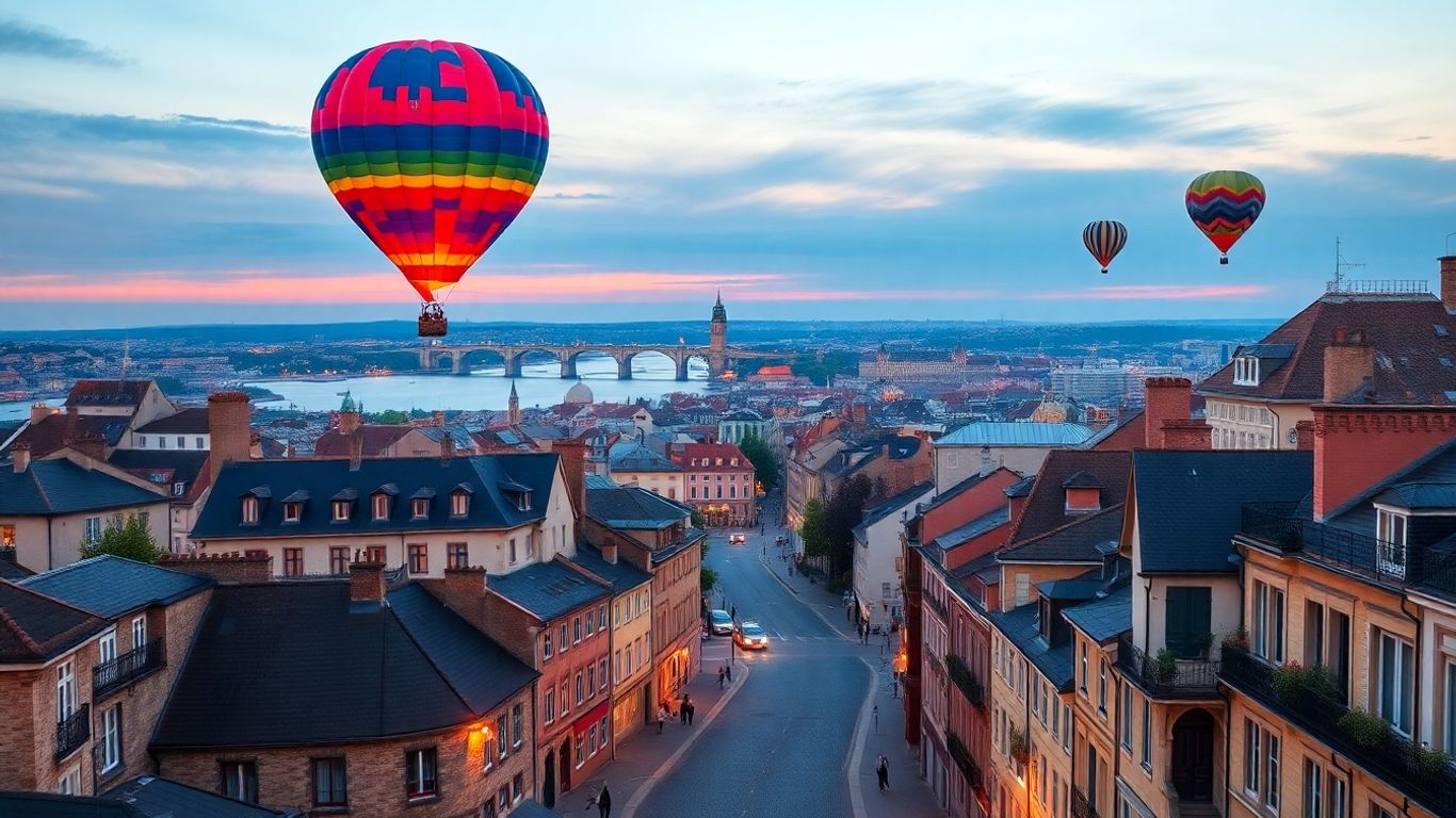 Affordable European cityscape with landmarks and hot air balloons.